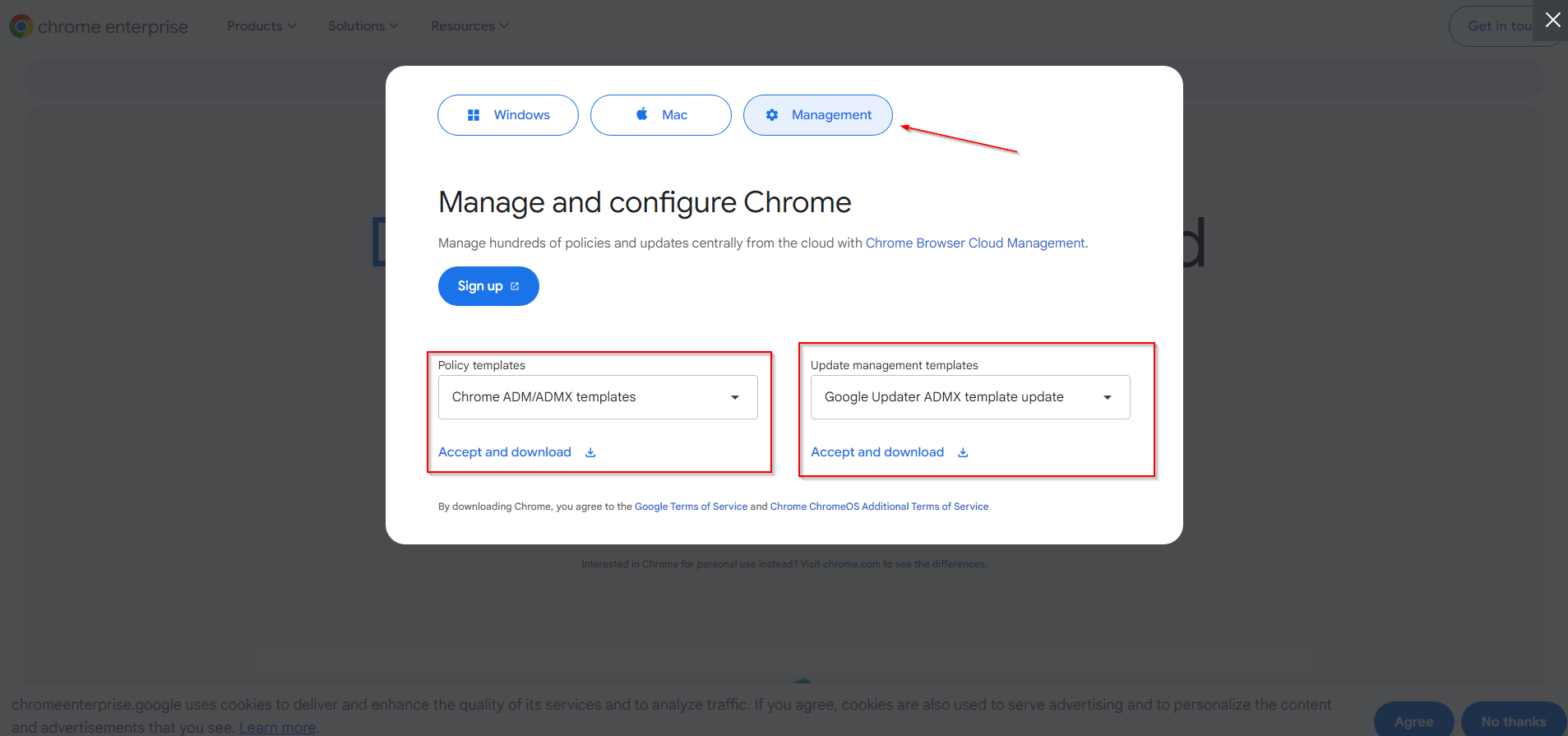 Chrome Enterprise download page for ADMX templates